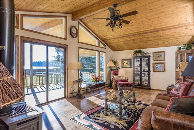 living room with wooden ceiling, beam ceiling, a ceiling fan, wood finished floors, and high vaulted ceiling