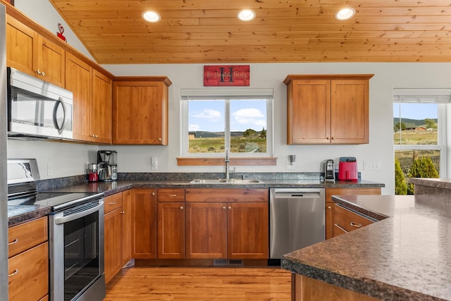 999 Websters Way, Stevensville, MT 59870 - kitchen featuring appliances with stainless steel finishes, a sink, light wood-style floors, wooden ceiling, and brown cabinets