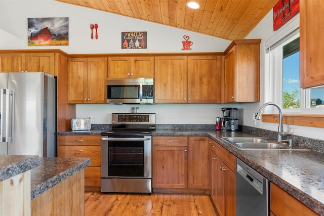 999 Websters Way, Stevensville, MT 59870 - kitchen with appliances with stainless steel finishes, a sink, vaulted ceiling, brown cabinets, and wooden ceiling