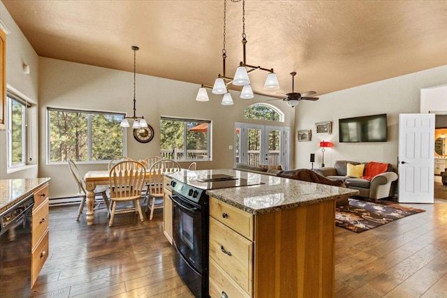 141 Aspen Ln, Eureka, MT 59917 - kitchen with black appliances, dark wood-style floors, ceiling fan, and hanging light fixtures