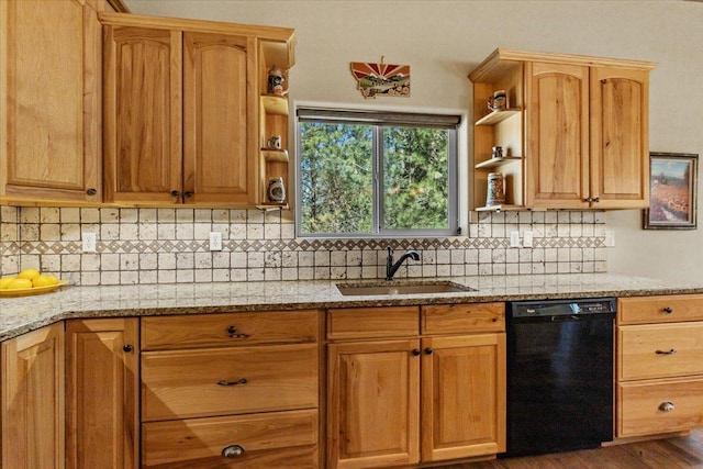 141 Aspen Ln, Eureka, MT 59917 - kitchen with black dishwasher, open shelves, and light stone countertops