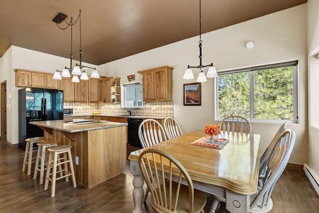 141 Aspen Ln, Eureka, MT 59917 - dining area featuring dark wood-style flooring, baseboard heating, a chandelier, and high vaulted ceiling