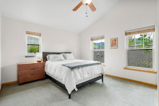 318 Dearborn Ave, Missoula, MT 59801 - bedroom featuring baseboards, light carpet, high vaulted ceiling, and a ceiling fan