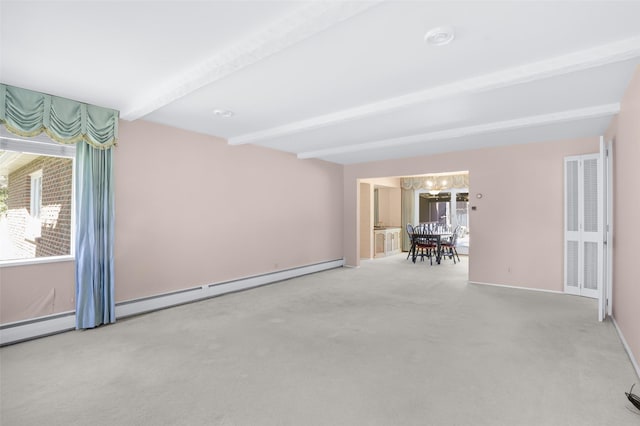 3313 5th Ave N, Great Falls, MT 59401 - spare room featuring beam ceiling, carpet, a baseboard heating unit, a chandelier, and plenty of natural light