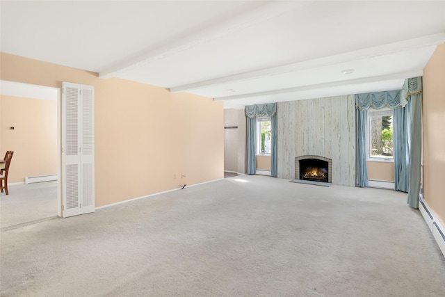 3313 5th Ave N, Great Falls, MT 59401 - unfurnished living room with baseboard heating, carpet floors, baseboards, beamed ceiling, and a fireplace