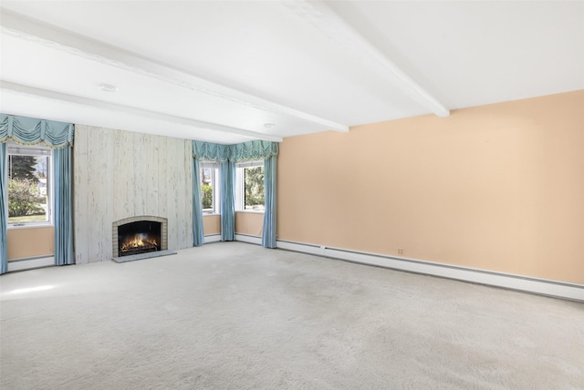 3313 5th Ave N, Great Falls, MT 59401 - unfurnished living room with baseboard heating, beam ceiling, carpet, a large fireplace, and a baseboard heating unit
