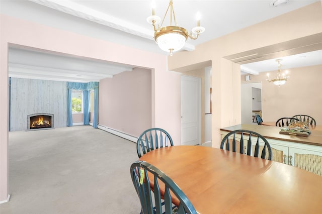 3313 5th Ave N, Great Falls, MT 59401 - carpeted dining space featuring a chandelier, baseboard heating, and a fireplace