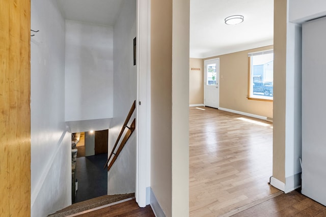 staircase with wood finished floors and baseboards