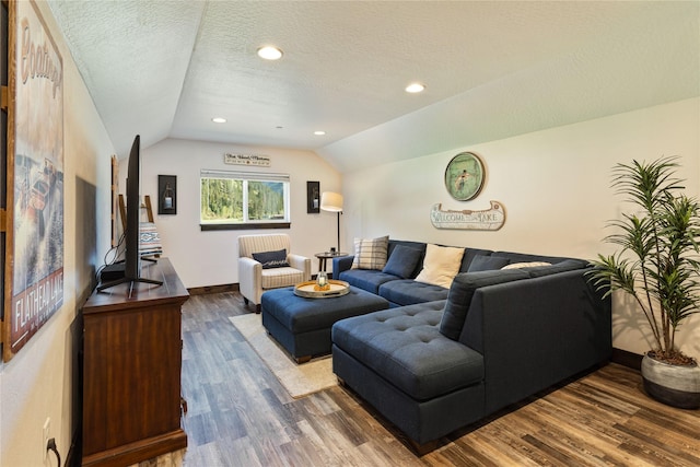 21087 Pamin Loop, Clinton, MT 59825 - living room with lofted ceiling, wood finished floors, and a textured ceiling