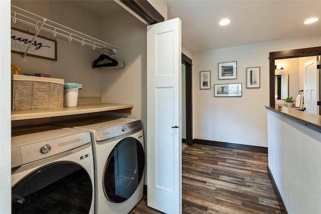 21087 Pamin Loop, Clinton, MT 59825 - laundry area featuring independent washer and dryer, dark wood finished floors, and recessed lighting
