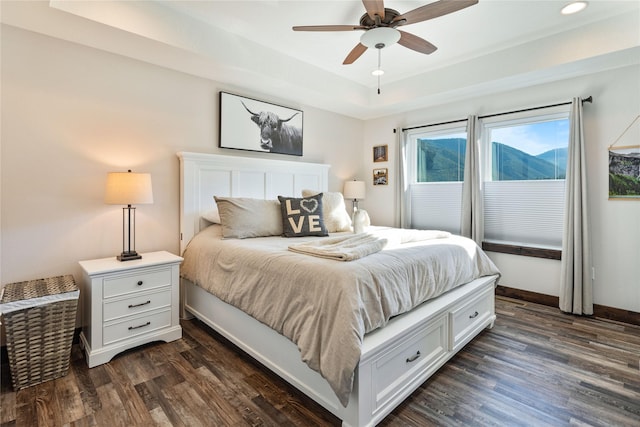 21087 Pamin Loop, Clinton, MT 59825 - bedroom featuring dark wood-type flooring, a tray ceiling, ceiling fan, and recessed lighting