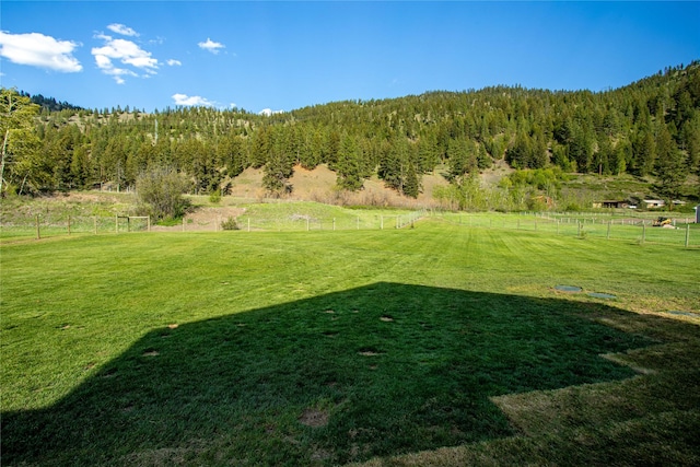 view of yard with a forest view and a view of countryside