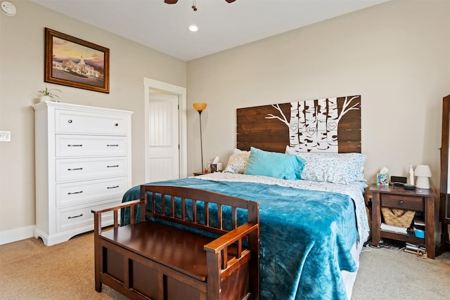 1317 Creekside Dr, Stevensville, MT 59870 - bedroom with light carpet, recessed lighting, ceiling fan, and baseboards