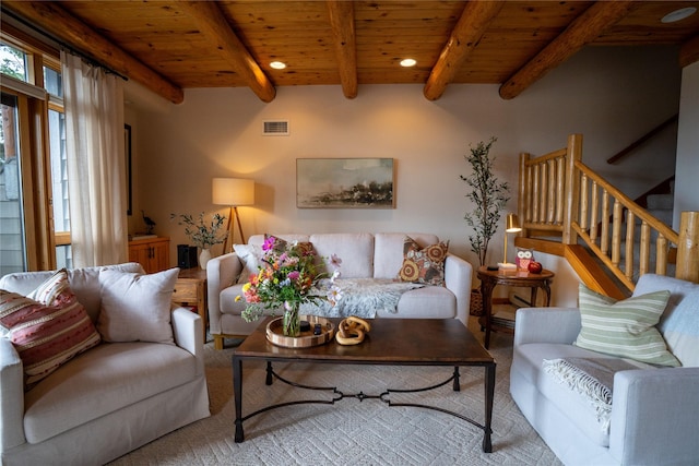 281 Eagle Bend Dr, Bigfork, MT 59911 - living area featuring a wood ceiling with exposed beams, stairs, and recessed lighting