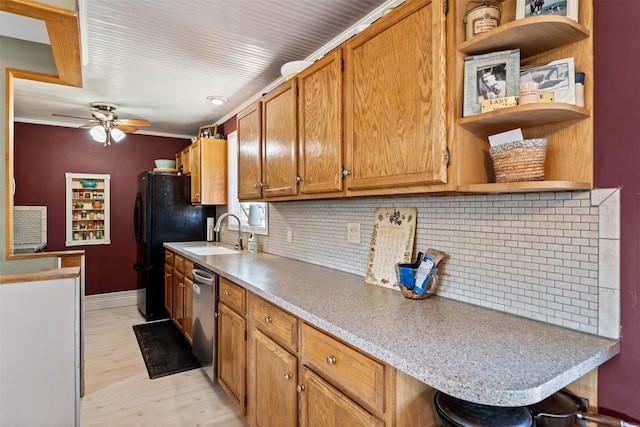 445 Sapphire Ln, Stevensville, MT 59870 - kitchen with open shelves, tasteful backsplash, and ceiling fan