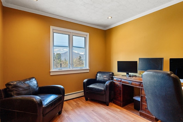 445 Sapphire Ln, Stevensville, MT 59870 - office with a baseboard radiator, light wood finished floors, ornamental molding, and recessed lighting
