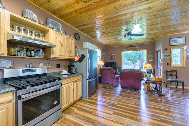 1500 River Rd W, Plains, MT 59859 - kitchen featuring stainless steel appliances, open shelves, wooden ceiling, dark countertops, and light brown cabinetry