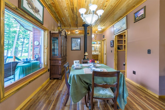 1500 River Rd W, Plains, MT 59859 - dining space with wooden ceiling, a chandelier, wood finished floors, baseboards, and a wood stove