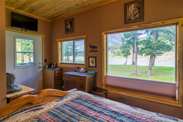 1500 River Rd W, Plains, MT 59859 - bedroom featuring multiple windows, wood ceiling, and a water view