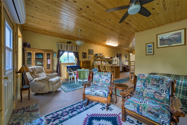 1500 River Rd W, Plains, MT 59859 - sitting room featuring wood ceiling, ceiling fan, and a wall mounted air conditioner