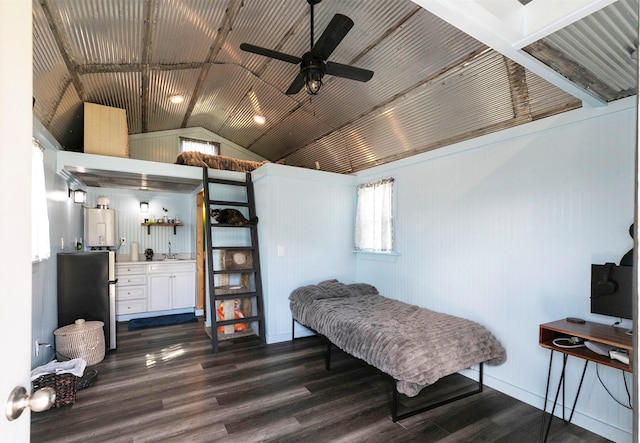 4358 Charlotte Way, Stevensville, MT 59870 - bedroom featuring dark wood-type flooring, vaulted ceiling, and freestanding refrigerator