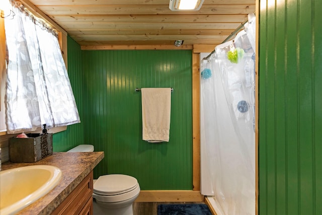 4358 Charlotte Way, Stevensville, MT 59870 - bathroom with wooden ceiling, vanity, and a shower with curtain