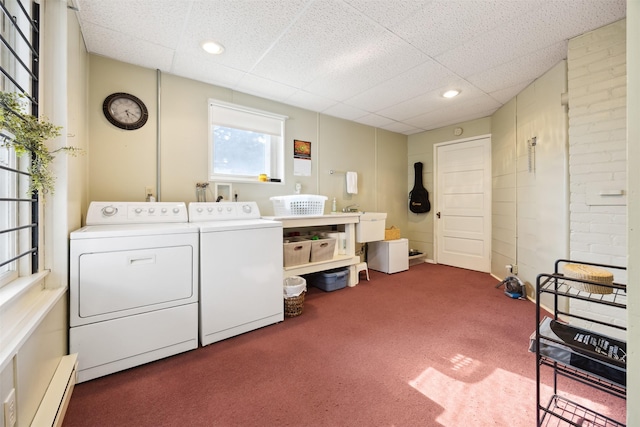 washroom featuring independent washer and dryer, baseboard heating, and carpet flooring