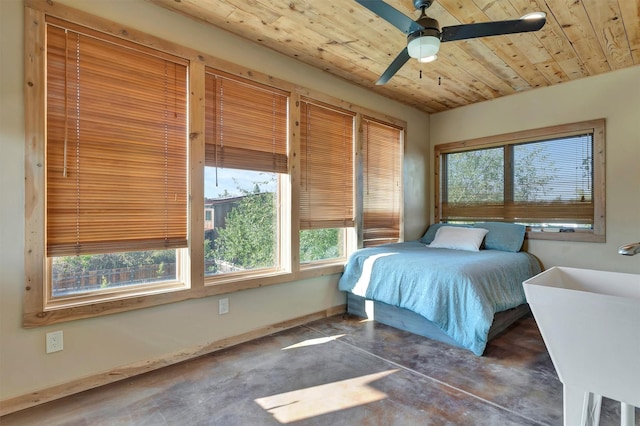 bedroom with concrete floors, wood ceiling, and ceiling fan