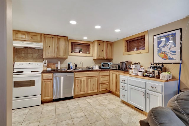 kitchen with appliances with stainless steel finishes, under cabinet range hood, a sink, recessed lighting, and backsplash