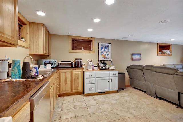 kitchen featuring dishwasher, open floor plan, recessed lighting, light tile patterned floors, and light brown cabinetry