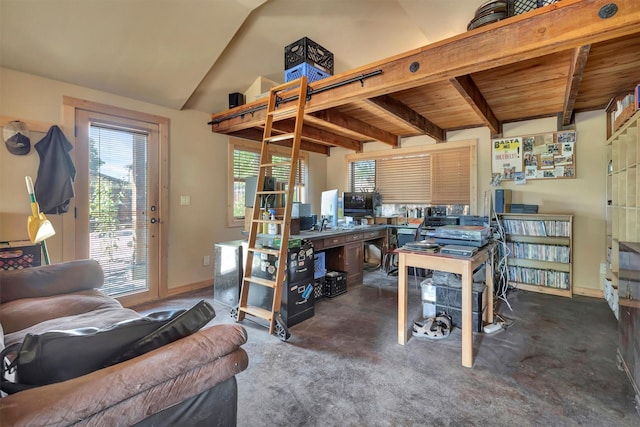 office area with wood ceiling, baseboards, and carpet flooring