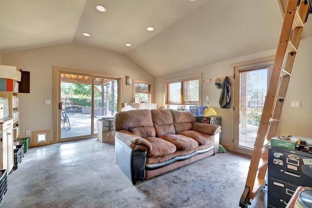 living room with vaulted ceiling, recessed lighting, and concrete flooring