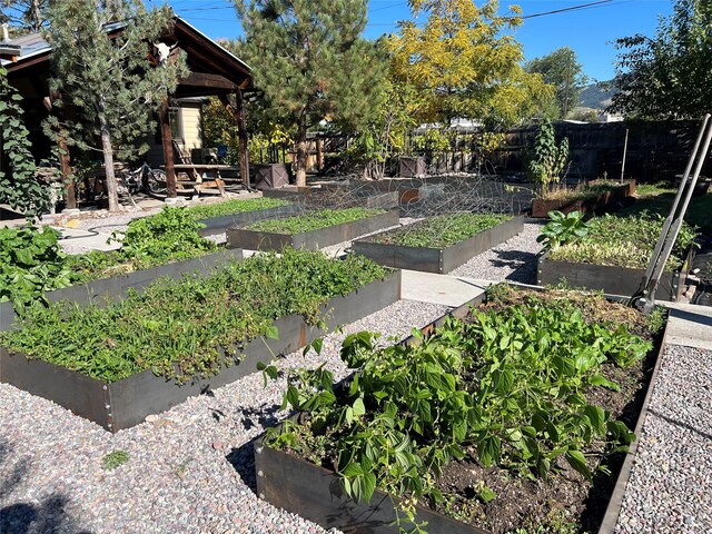 view of yard featuring a vegetable garden and fence