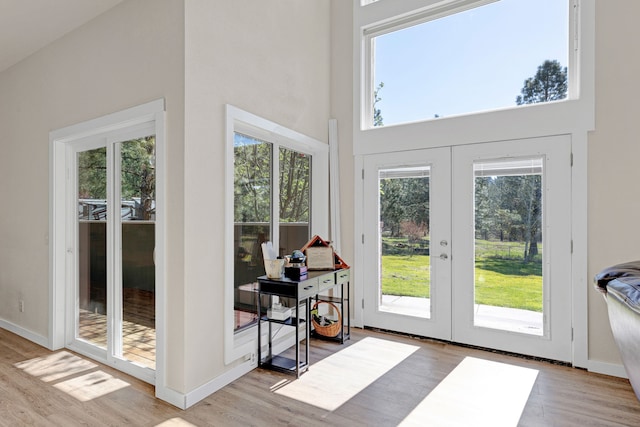 11327 Sleeman Ln, Lolo, MT 59847 - entryway with french doors, a towering ceiling, healthy amount of natural light, wood finished floors, and baseboards