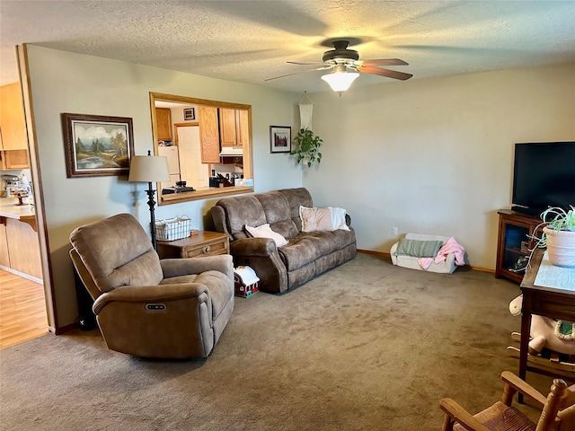 146 New Meadows Dr, Missoula, MT 59808 - carpeted living room with a ceiling fan and a textured ceiling