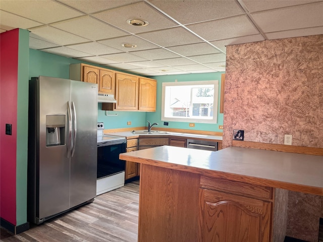 613 Minnesota Ave, Libby, MT 59923 - kitchen with stainless steel appliances, under cabinet range hood, a drop ceiling, a peninsula, and light wood-style flooring