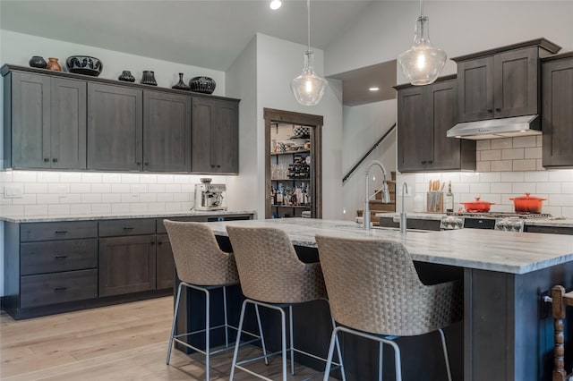 29 Elk Run Trl, Kalispell, MT 59901 - kitchen featuring under cabinet range hood, lofted ceiling, decorative backsplash, light wood-style flooring, and a kitchen breakfast bar