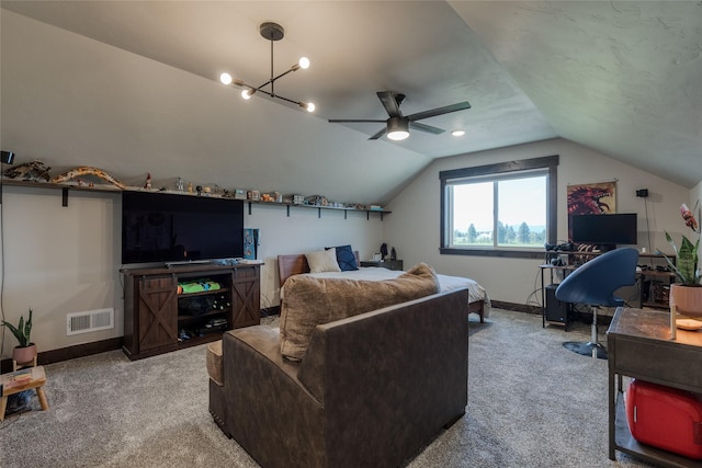 29 Elk Run Trl, Kalispell, MT 59901 - living area featuring carpet floors, lofted ceiling, and a ceiling fan
