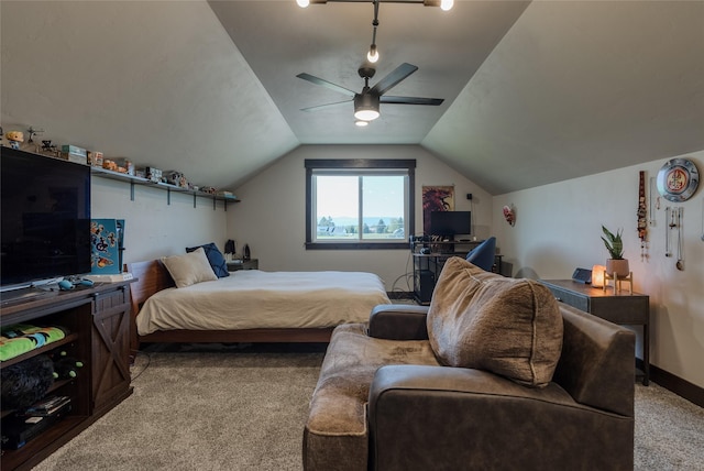 29 Elk Run Trl, Kalispell, MT 59901 - bedroom with carpet, a ceiling fan, and vaulted ceiling