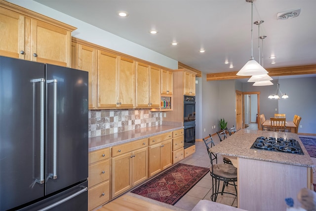 36496 Ridgeway Ct, Polson, MT 59860 - kitchen with black appliances, light tile patterned flooring, decorative backsplash, a breakfast bar, and recessed lighting