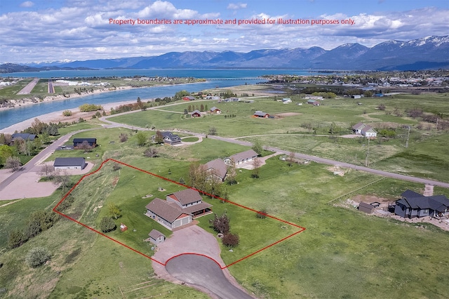 36496 Ridgeway Ct, Polson, MT 59860 - aerial view of property and surrounding area featuring a water and mountain view and property parcel outlined