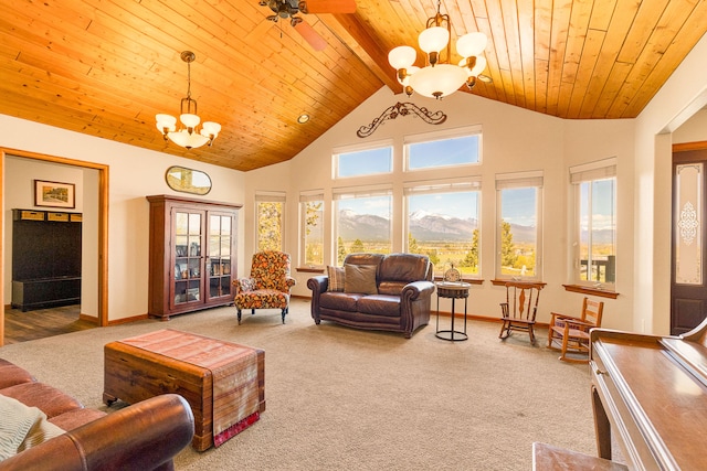 living area with a chandelier, wood ceiling, carpet, baseboards, and high vaulted ceiling