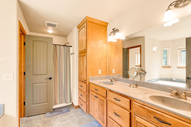 bathroom with double vanity, tile patterned flooring, a tub, and a shower with shower curtain