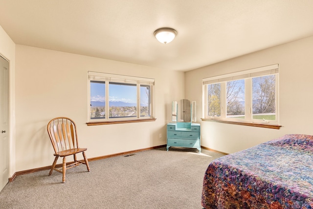 carpeted bedroom featuring multiple windows and baseboards