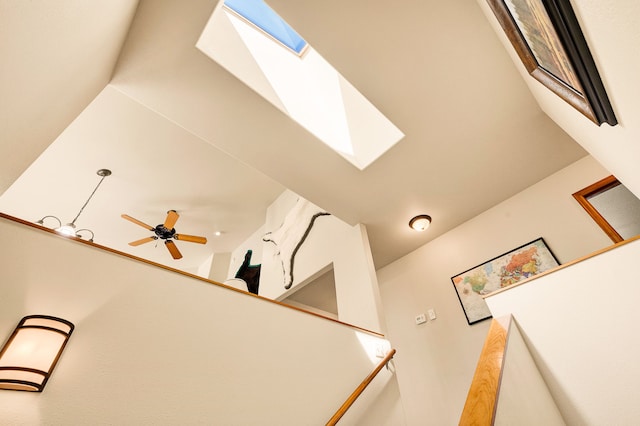 detailed view of a skylight and a ceiling fan