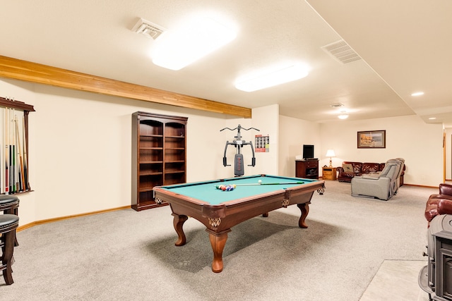 recreation room featuring carpet flooring, billiards table, baseboards, and recessed lighting