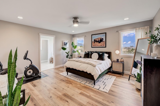 bedroom with baseboards, light wood-style flooring, recessed lighting, and ceiling fan