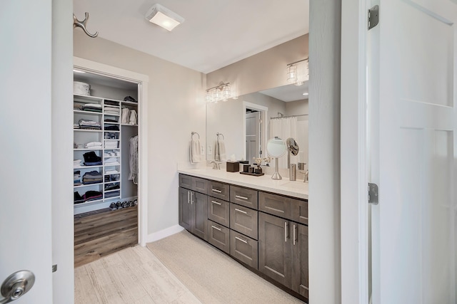 217 Spring St, Townsend, MT 59644 - bathroom featuring double vanity, wood finished floors, and a walk in closet