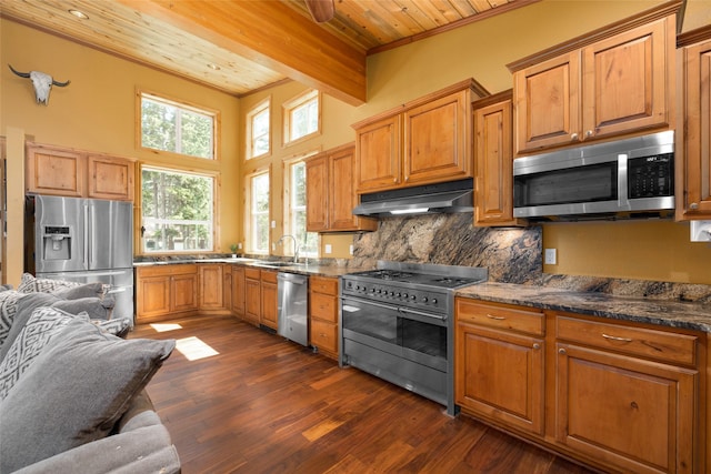 1492 Mcmannamy Draw, Kalispell, MT 59901 - kitchen with appliances with stainless steel finishes, wooden ceiling, under cabinet range hood, dark wood-style floors, and decorative backsplash