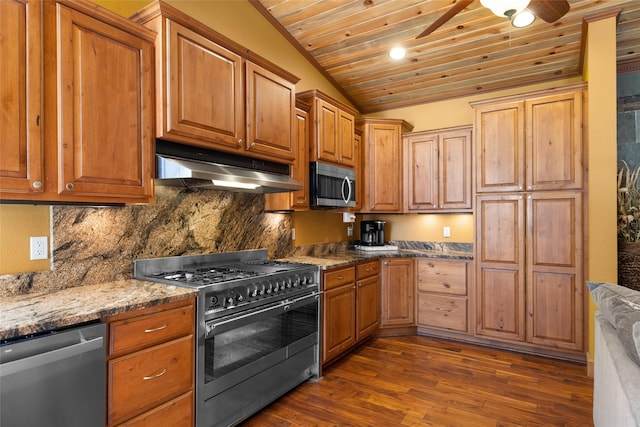 1492 Mcmannamy Draw, Kalispell, MT 59901 - kitchen with appliances with stainless steel finishes, under cabinet range hood, wood ceiling, a ceiling fan, and dark wood-style flooring
